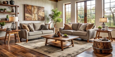 Cozy Living Room Scene Featuring A Sofa, Armchair, Coffee Table, And Rug With Live Edge Wood Accents That Bring A Touch Of Rustic Charm To The Modern Space.