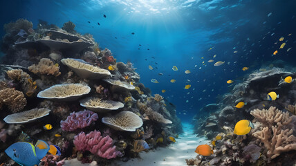 coral reef in the sea coral reef and fish on a blue sea, big blue ocean, clear water, ai generated