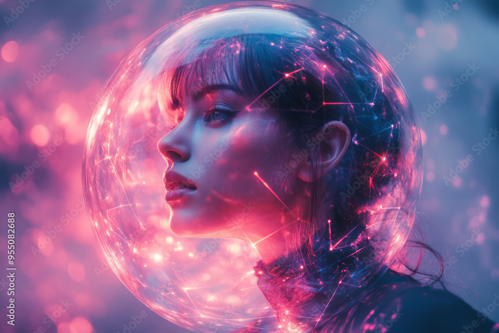 Poster a person inside a bubble with glowing geometric patterns swirling around their head, representing st