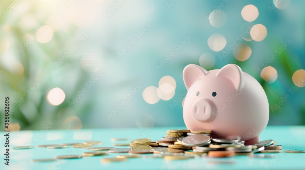 Aufkleber an open piggy bank spilling coins onto a table, representing the idea of saving money. the image has