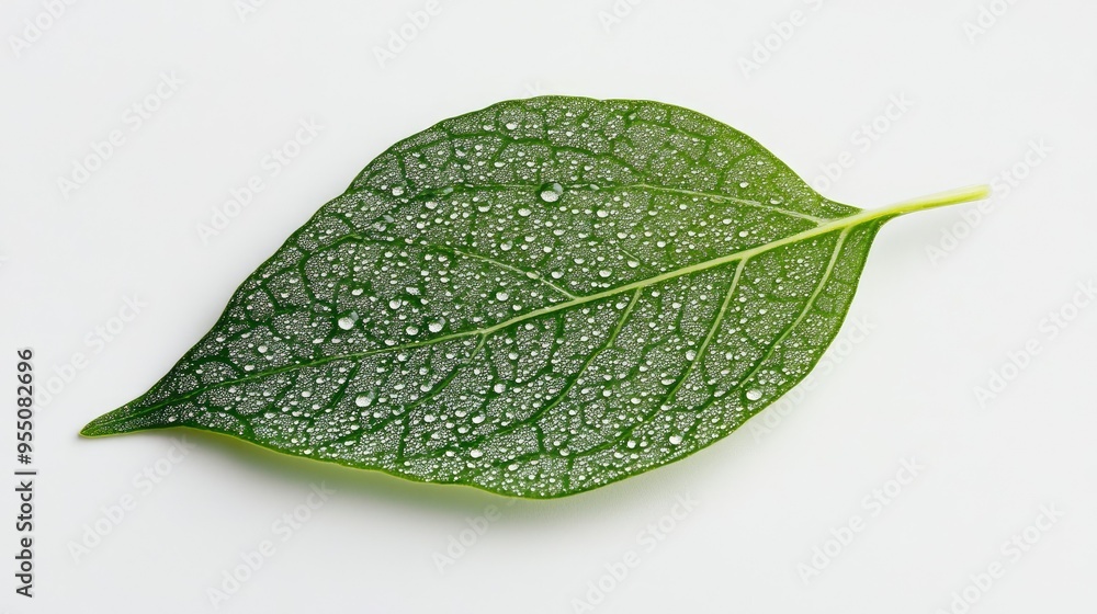 Poster close-up of a single leaf with intricate vein patterns and dew droplets, perfect for a natural and f