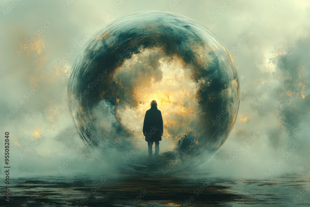 Poster a person inside a bubble filled with rain and storm clouds, with small rays of light breaking throug