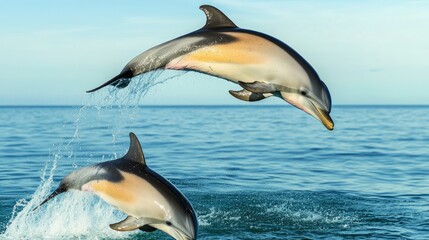 Fototapeta premium Two dolphins leaping above the ocean surface, showcasing their agility and grace.