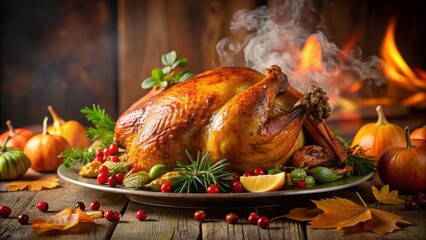 Naklejka premium Savory smoke wafts up from a golden-brown roasted turkey, perfectly glazed and garnished with fresh herbs, sitting on a decorative autumn-themed dinner table.