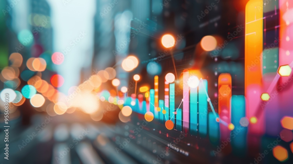 Poster a sophisticated image of charts and graphs on a digital display, showcasing upward trends in financi