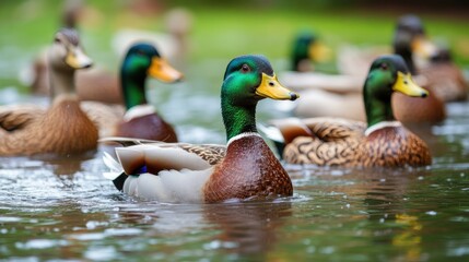Obraz premium A flock of ducks in a pond, representing poultry farming and livestock diversity.
