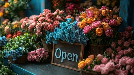 Blooming Beauty: Florist Creating Fresh Bouquets in Shop Window with Open Sign - Floral Arrangement Display and Welcoming Storefront Concept