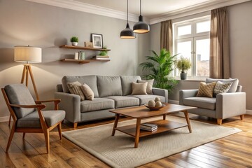 Cozy modern living room with sleek gray sofa, matching armchair, and rustic wooden coffee table, set against a neutral beige wall in a stylish interior.