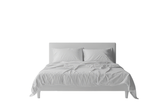 Modern double bed with pillows and blankets in gray color isolated on transparent background. Bedroom furniture