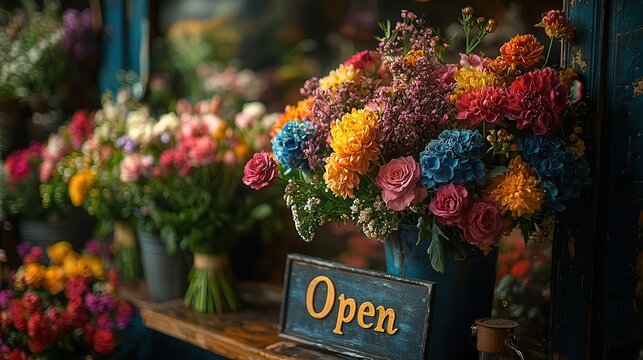 Welcoming Florist Shop Window Display with Fresh Bouquets and Open Sign