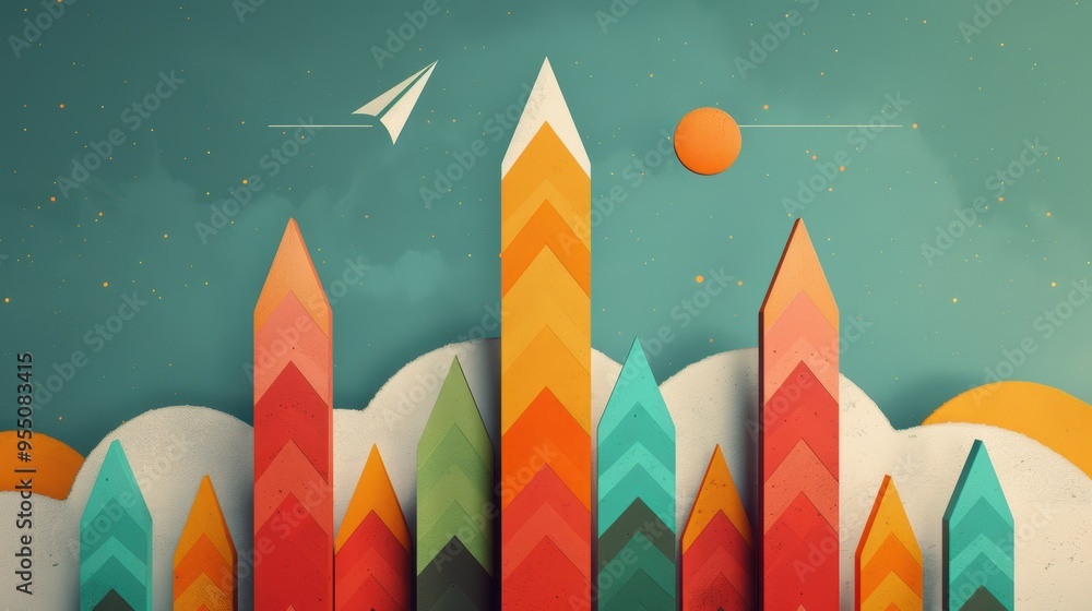 Poster an artistic depiction of financial concepts, featuring a stylized graph rising steadily against a pl