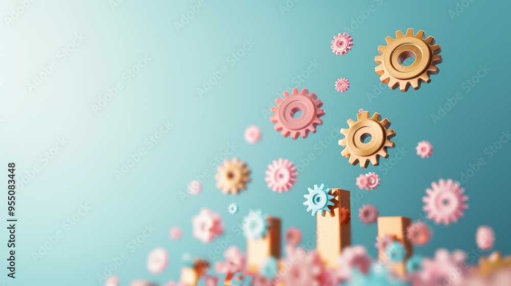 Poster a conceptual image illustrating business growth through a series of interconnected gears and financi