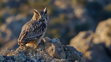 Great Horned Owl Perched on a Rocky Cliff