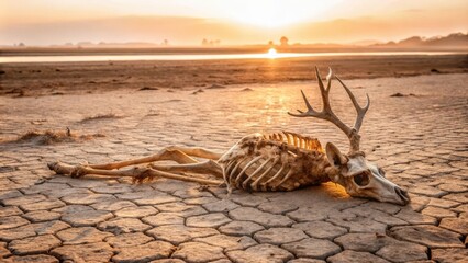 Obraz premium Deer Skeleton on a Dried-Up Lakebed at Sunset