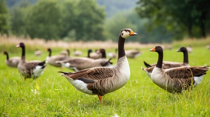 Fototapeta premium A flock of geese in a pasture, representing livestock diversity and poultry farming.
