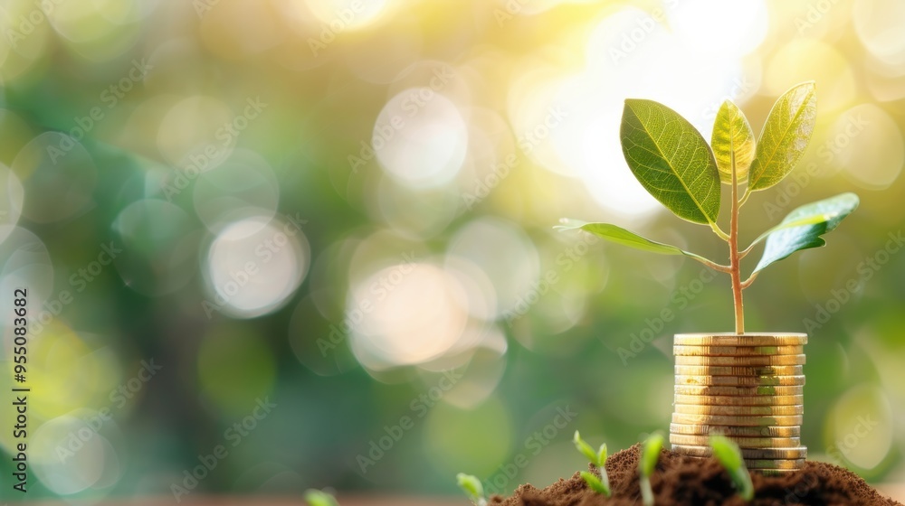 Poster a conceptual representation of financial growth and wealth accumulation, featuring a stack of golden
