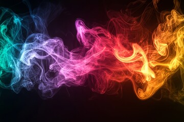 Fototapeta premium A rainbow-colored swirl of smoke rising against a pitch-black background, creating a dynamic and fluid motion. 
