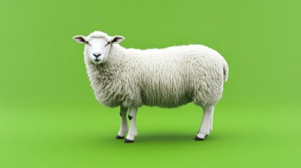 Obraz premium A fluffy white sheep isolated against a solid green background, showcasing the softness of its wool.