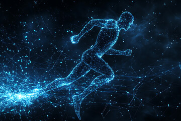 An abstract digital background banner featuring the image of a running man