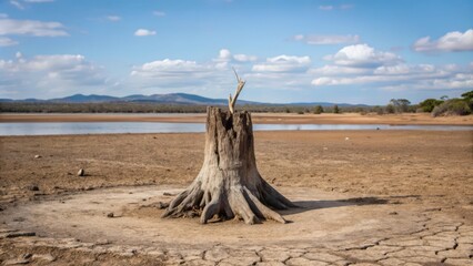 A lone tree stump stands tall in a dried-up lake bed.