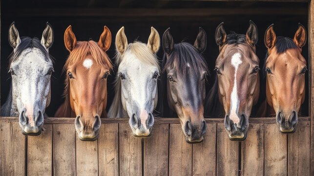 A group of horses in a stable, representing livestock care and equestrian farming.