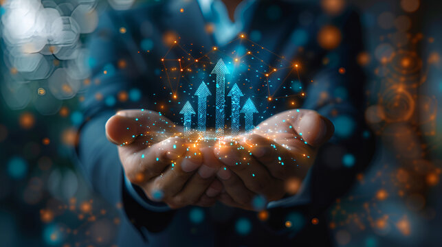 Information of business from network. Business growth. Businessperson, arrows and network structure.
