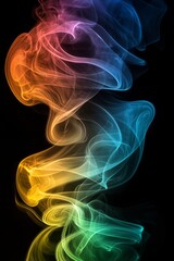 Obraz premium A rainbow-colored swirl of smoke rising against a pitch-black background, creating a dynamic and fluid motion. 