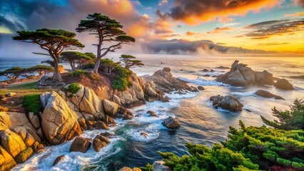 Serene coastal scenery at sunset, with misty fog rolling in over the rugged shoreline, cypress trees, and iconic rock formations in Pacific Grove, California.