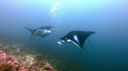 Fototapeta premium Two manta rays swimming gracefully over a coral reef in clear blue waters.