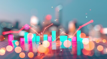 A visually appealing stock photo showcasing the concept of real estate growth and financial success, featuring a vibrant cityscape at dusk with digital overlays of graphs and charts. Perfect for