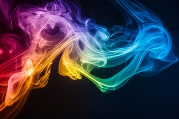 Obraz premium A rainbow-colored swirl of smoke rising against a pitch-black background, creating a dynamic and fluid motion. 