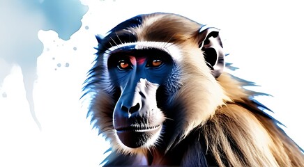 Fototapeta premium baboon portrayed watercolor illustration style gazing white backdrop blending abstract brush strokes touch untamed realism