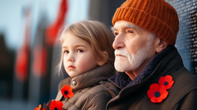 An elderly veteran and a young child stand together at a memorial, honoring those who served