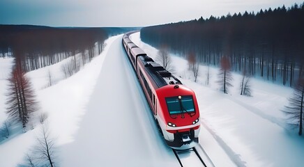 red train contrasting snowy white landscape offering aerial top view highlights vibrancy train winter backdrop