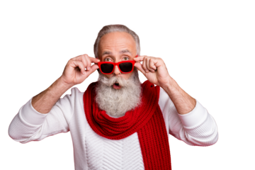 Cool aged santa man read xmas sale prices not believe eyes wear sun specs knitted jumper isolated red background
