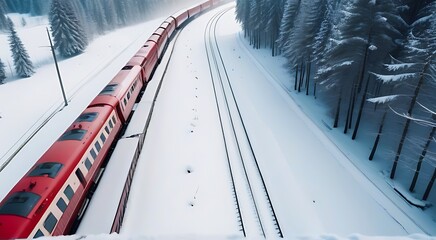 red train contrasting snowy white landscape offering aerial top view highlights vibrancy train winter backdrop