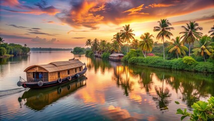Serene Kottayam landscape featuring majestic Vembanad Lake surrounded by lush greenery, with traditional Kerala houseboats and canoes drifting on the calm waters at sunset.