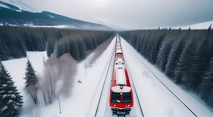 red train contrasting snowy white landscape offering aerial top view highlights vibrancy train winter backdrop
