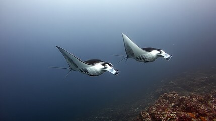 Two manta rays swimming gracefully in clear blue water near a coral reef.