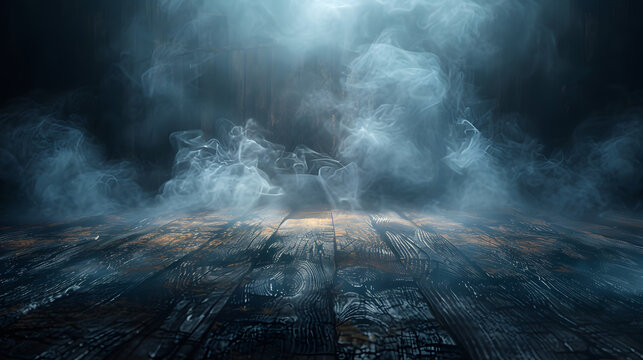 empty wooden table with smoke float up on dark background
