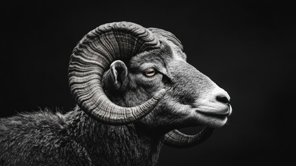 A ram with curved horns standing against a bold black background, its powerful form highlighted.