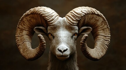 A ram's horns isolated on a deep brown background, their curves and ridges sharply defined.