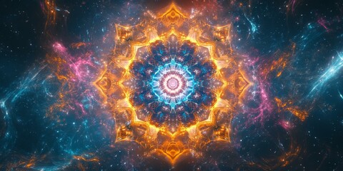 Cosmic abstract with swirling nebula and a central mandala.