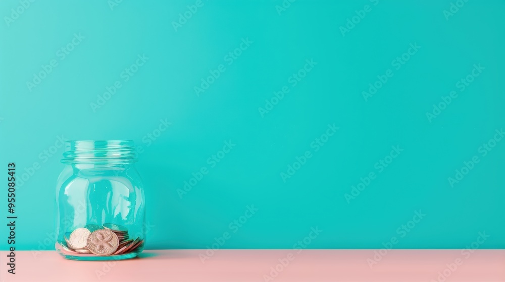 Aufkleber a glass jar with coins inside, representing savings, placed on a plain background with generous copy
