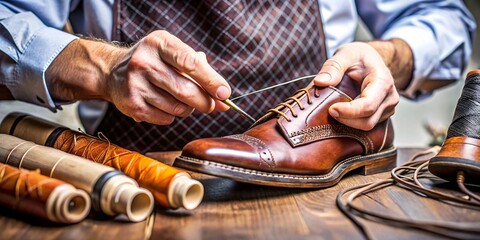 Fototapeta premium Shoemaker Crafting Leather Shoes in Workshop. A skilled shoemaker carefully crafts a pair of leather shoes in his traditional workshop. 