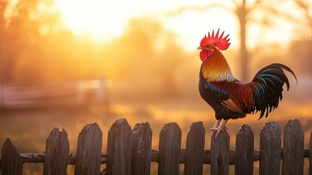 A rooster crowing at sunrise, perched on a wooden fence, with the morning sun casting a warm glow.