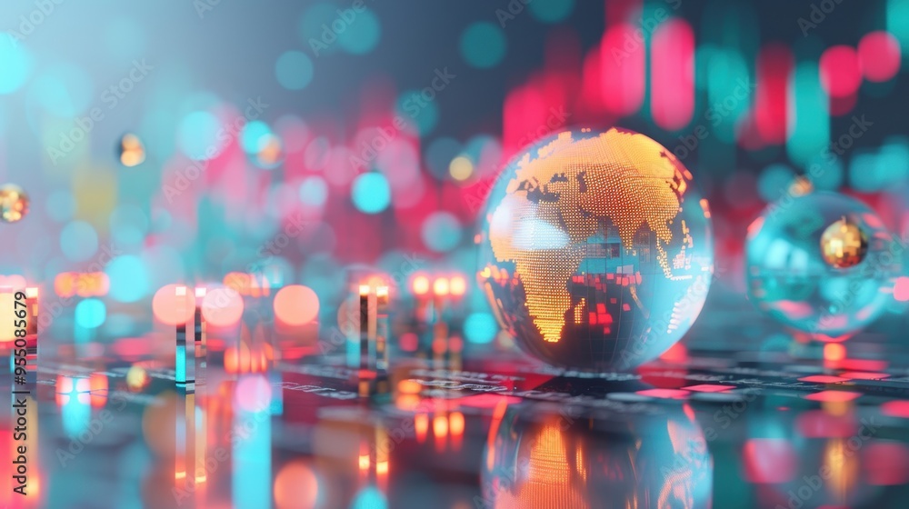 Poster a symbolic representation of financial concepts and global market expansion, depicted through a glob