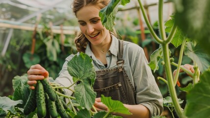 Obraz premium A female farmer harvests cucumbers in a greenhouse. The concept of natural products, agriculture and environmentally friendly food.