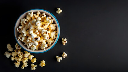 scattered popcorn box on black background. cinema concept empty background for social media, advertising text, ticket, horizontal copy space banner, fast food snacks, goodies for watching movie
