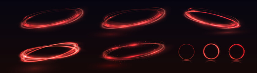 Light red Twirl. Red line curve light effect. Glowing red circle. Red light trail, vortex, wave speed, trace line twirl pedestal, podium, platform, table. Vector.